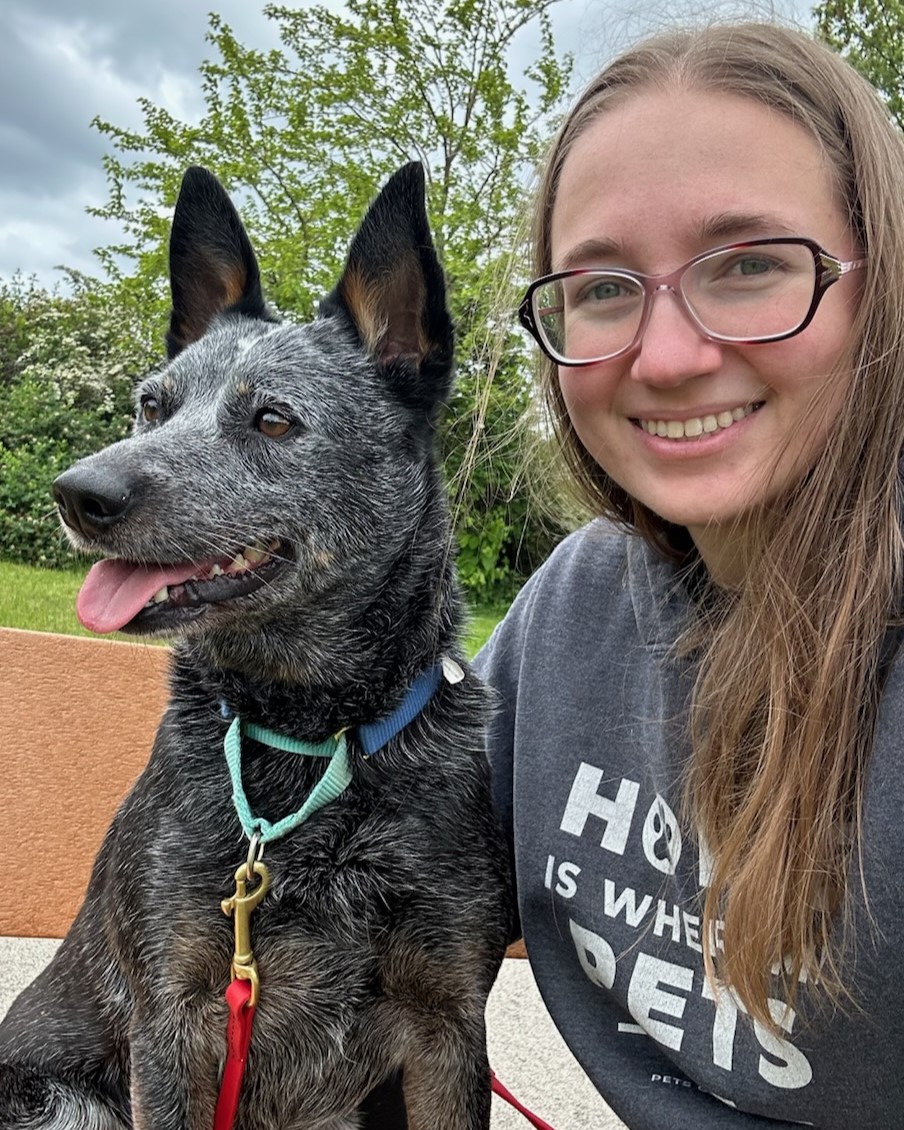 Blue heeler sitting next to trainer Katie during an outdoor training session